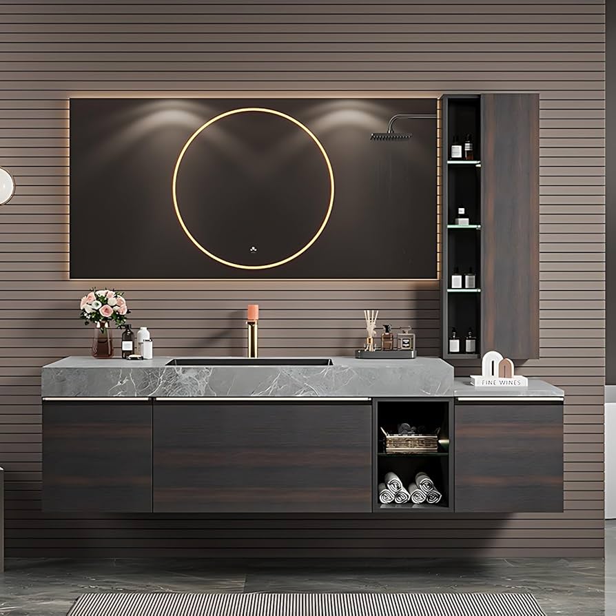 Custom master bathroom vanity with marble countertop and solid wood cabinetry in Brentwood TN